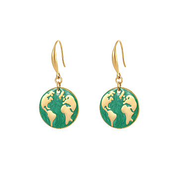 Golden Tone Stainless Steel Enamel Map Dangle Earrings for Women, Green