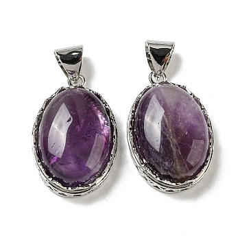 Natural Amethyst Pendants, Platinum Plated Alloy Oval Charms, 33x21.5x10~11mm, Hole: 8x6mm