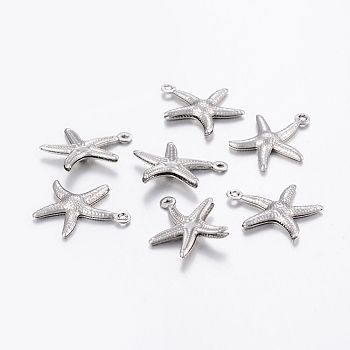304 Stainless Steel Charms, Starfish/Sea Stars, Stainless Steel Color, 17.5x15.5x2mm, Hole: 1mm