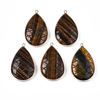Natural Tiger Eye Pendants, with Light Gold Plated Brass Findings, Teardrop, 50~51x31~31.5x10mm, Hole: 2mm