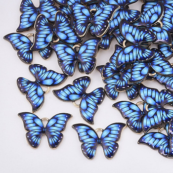 Printed Alloy Pendants, with Enamel, Butterfly, Light Gold, Royal Blue, 15.5x22x2mm, Hole: 1.8mm