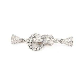 925 Sterling Silver Micro Pave Clear Cubic Zirconia Fold Over Clasps, Ring & Teardrop, Real Platinum Plated, 28mm, Hole: 3mm