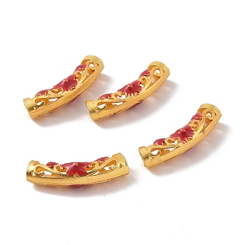 Hollow Alloy Tube Beads, with Enamel, Curved Tube, Matte Gold Color, Red, 22.5x5mm, Hole: 3mm