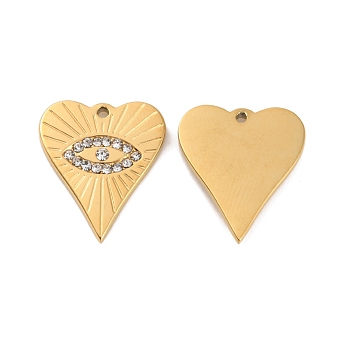 Ion Plating(IP) 304 Stainless Steel Pendants, with Rhinestone, Real 18K Gold Plated, Heart with Eye Charm, Crystal, 17.5x15x2mm, Hole: 1.2mm