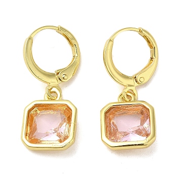 Real 18K Gold Plated Brass Dangle Leverback Earrings, with Square Glass, PeachPuff, 25.5x10.5mm