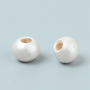 Spray Painted Natural Chinese Cherry Wood Beads, Round, Floral White, 6.5x5mm, Hole: 2.5mm, about 300pcs/bag