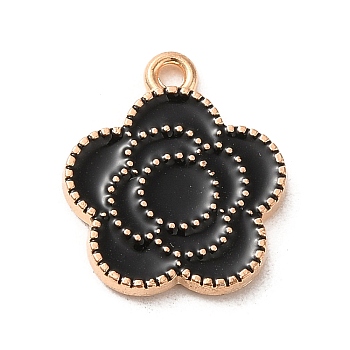Alloy Enamel Pendants, Light Gold, Flower Charm, Black, 17x15x2mm, Hole: 1.5mm