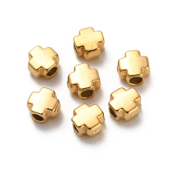 304 Stainless Steel Beads, Cross, Ion Plating(IP), Real 18K Gold Plated, 4x4x2.5mm, Hole: 1.4mm