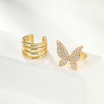 Real 18K Gold Plated Brass Cuff Earrings, Cubic Zirconia Asymmetrical Earrings, Butterfly, 12mm