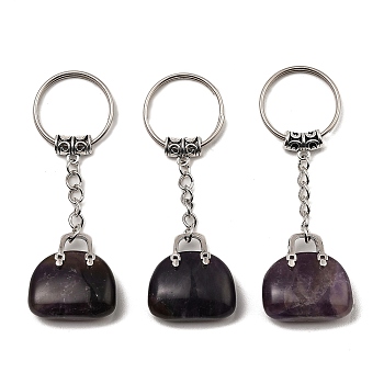 Natural Amethyst Bag Pendant Keychain, with Platinum Tone Brass Findings, for Bag Jewelry Gift Decoration, 7.4cm