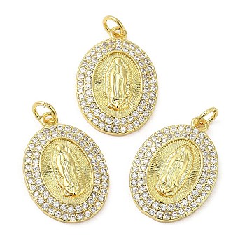Brass Pave Cubic Zirconia  Pendants, with Jump Ring, Long-Lasting Plated, Lead Free & Cadmium Free, Oval, Real 18K Gold Plated, 23x16x3mm, Hole: 3.5mm
