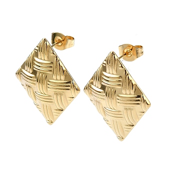 Ion Plating(IP) 201 Stainless Steel Stud Earrings, with 304 Stainless Steel Pins, Textured Rhombus, Real 18K Gold Plated, 24x19mm