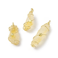 Natural Yellow Quartz Copper Wire Wrapped Pendants, Nuggets Charm, Golden, 24~44x8~15x5~15.5mm, Hole: 2.5~4mm(PALLOY-JF01980-02)