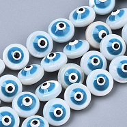 Natural Freshwater Shell Beads, Enamelled Sequins, Flat Round with Evil Eye, Cornflower Blue, 8x6mm, Hole: 0.8~1mm(X-SHEL-R046-05-01B)