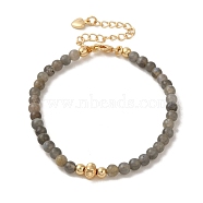 4mm Round Natural Labradorite Beaded Bracelets, Flower Brass Bracelets for Women, Real 14K Gold Plated, 7-3/8 inch(18.7cm)(BJEW-P318-03G-04)