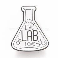 Word Live Lab Love Brooch, for Teachers Students, Flask Shape Alloy Badge for Backpack Clothes, Gunmetal, White, 30.5x25x1.5mm, Pin: 1.2mm(JEWB-M023-12)