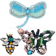 3Pcs 3 Styles Alloy with Rhinestone, Embroidery Thread Sew Cloth, with Beads and Iron Findings, Cloth Accessories, Appliques, Mixed Color, 38~50x36.5~73x5~8mm, 1pc/style(DIY-GF0009-56)