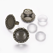 DIY Ring Making, Vintage Adjustable Iron Ring Components, with Clear Glass Cabochons, Flat Round, Antique Bronze, Tray: 20mm, Ring: Size 7, 17mm, Cabochon: 19.5~20x5.5mm, 2pcs/set(DIY-X0292-50AB)