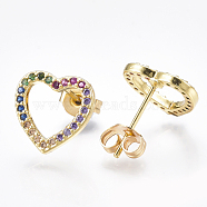 Brass Micro Pave Cubic Zirconia Ear Studs, Heart, Real 18K Gold Plated, 11x11x1.5mm, Pin: 0.7mm(EJEW-S201-45)