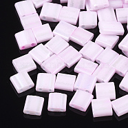 2-Hole Opaque Glass Seed Beads, Lustered, Dyed, Rectangle, Pearl Pink, 5x4.5~5.5x2~2.5mm, Hole: 0.5~0.8mm(SEED-S023-07C)