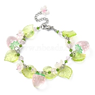 Glass & Resin & Acrylic Flower Charm Bracelet, 304 Stainless Steel Jewelry, Strawberry, 7-1/4 inch(18.5cm)(BJEW-JB09435-03)