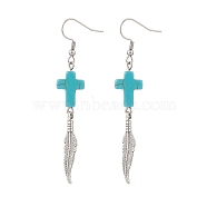 Synthetic Turquoise Cross with Alloy Feather Dangle Earrings, 316 Stainless Steel Long Drop Earrings for Woman, Antique Silver, 70mm, Pin: 0.7mm(EJEW-TA00150)