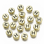 Plating Acrylic Beads, Horizontal Hole, Flat Round with Letter, Golden Plated, Black, Letter.H, 7x4mm, Hole: 1.2mm.(X-PACR-CD0001-H)
