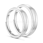 Adjustable Grooved Rhodium Plated 925 Sterling Silver Couple Rings, Promise Rings for Lovers, Platinum, US Size 7 1/4(17.5mm), US Size 10 1/4(19.9mm), 2pcs/set(JR857A)