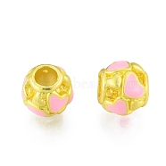 Alloy Enamel European Beads, Large Hole Beads, Matte Style, Rondelle with Heart Pattern, Matte Gold Color, 10x9mm, Hole: 4.5mm(FIND-G035-35MG)