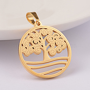 Ion Plating(IP) 304 Stainless Steel Pendants, Flat Round with Tree, Golden, 27x25x2mm, Hole: 6x4mm(STAS-M245-31G)