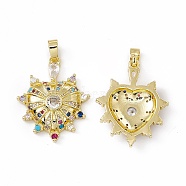 Brass Micro Pave Cubic Zirconia Pendants, with Glass Rhinestone, Real 18K Gold Plated, Bumpy Heart Charm, Colorful, 26x21x4.5mm, Hole: 5.5x3mm(KK-E068-VC069)