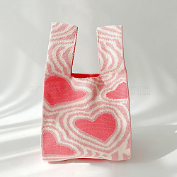 Polyester Heart Print Knitted Tote Bags, Cartoon Crochet Handbags for Women, Pink, 36x20cm(PW-WG24464-01)