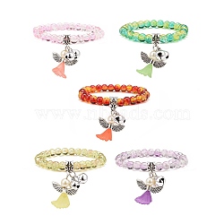 Glass Beads Stretch Bracelets, with Acrylic, Alloy Wings, Brass Bell Charms, Lovely Wedding Dress Angel Dangle, Mixed Color, 1-5/8 inch(42mm)(BJEW-JB02872)