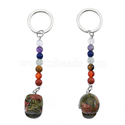 Natural Unakite Skull Pendant Keychain, Rainbow 7 Chakra Gemstone Beaded Yoga Keychain, for Women's Girls Healing Meditation Spiritual Gift, 10.7cm(G-N341-01A)