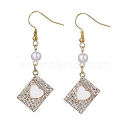 Alloy Crystal Rhinestone Rectangle with Heart Dangle Earrings, Imitated Pearl Acrylic Beaded Drop Earrings with Enamel, White, 47~55x18mm(EJEW-JE05491-01)