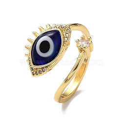 Lampwork Evil Eye Open Cuff Ring with Clear Cubic Zirconia, Real 18K Gold Plated Brass Jewelry for Women, Dark Blue, Inner Diameter: 18mm(RJEW-L104-05G-01)