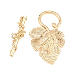 Brass Toggle Clasps, Leaf with Flower, Real 18K Gold Plated, 33x20.5x2.5mm, Hole: 1.5mm, Bar: 25.5x7.5x5.5mm, Hole: 1.5mm(KK-CBA7BFE-08G)