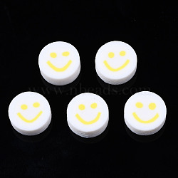 Handmade Polymer Clay Beads, for DIY Jewelry Crafts Supplies, Flat Round with Smiling Face, Yellow, 10x4~4.5mm, Hole: 1.8mm(CLAY-N008-040L)