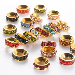 Grade A Brass Rhinestone Beads, Basketball Wives Spacer Beads for Jewelry Making, Rondelle, Golden, Mixed Color, 10x4mm, Hole: 5mm(RB-H062-M)