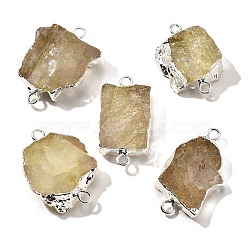 Raw Rough Natural Dyed Quartz Crystal Links Connector Charms, with Brass Findings, Nuggets, Silver Color Plated, Light Yellow, 30.5~37.5x15~25x7.5~13mm, Hole: 2.5mm(G-K189-04S-07)