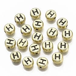 Plating Acrylic Beads, Horizontal Hole, Flat Round with Letter, Golden Plated, Black, Letter.H, 7x4mm, Hole: 1.2mm.(X-PACR-CD0001-H)