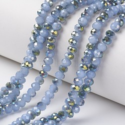 Electroplate Glass Beads Strands, Imitation Jade Beads, Pearl Luster Plated, Half Green Plated, Faceted, Rondelle, Light Sky Blue, 6x5mm, Hole: 1mm, about 92~94pcs/strand, 17~17.5 inch(42.5~43.75cm)(EGLA-A034-J6mm-S02)