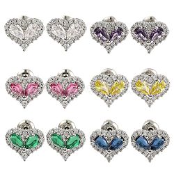 Cubic Zirconia Heart Stud Earrings, Rack Plating Brass Jewelry for Women, Platinum, Mixed Color, 9.5x11mm(EJEW-I304-17P)