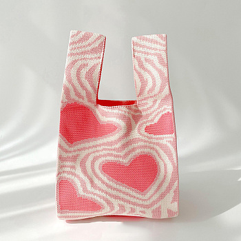 Polyester Heart Print Knitted Tote Bags, Cartoon Crochet Handbags for Women, Pink, 36x20cm