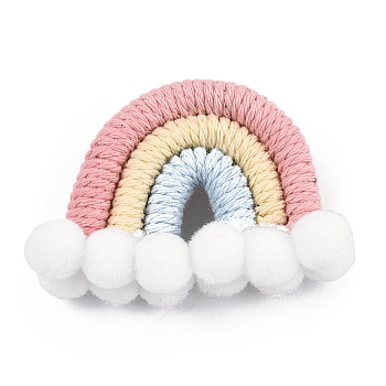 Polycotton(Polyester Cotton) Woven Rainbow Wall Hanging, Macrame Woven Rainbow with Pompom, Pink, 35~37x48~52x16~17.5mm