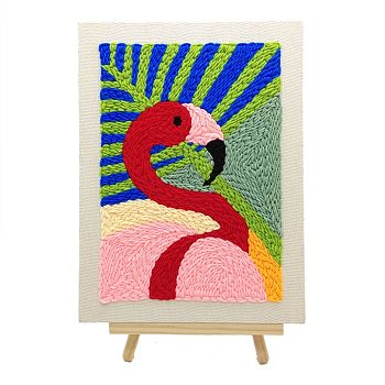 Flamingo Punch Embroidery Supplies Kit, including Instruction, Embroidery Fabric with Solid Wood Frame, Plastic Needle and 8 Colors Threads, Mixed Color, 16~352x1.3~262x2.5~19mm