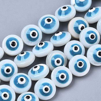 Natural Freshwater Shell Beads, Enamelled Sequins, Flat Round with Evil Eye, Cornflower Blue, 8x6mm, Hole: 0.8~1mm