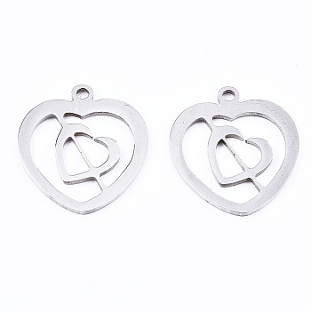 201 Stainless Steel Pendants, Laser Cut, Heart, Stainless Steel Color, 17.5x15.5x1mm, Hole: 1.4mm