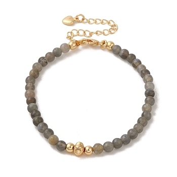 4mm Round Natural Labradorite Beaded Bracelets, Flower Brass Bracelets for Women, Real 14K Gold Plated, 7-3/8 inch(18.7cm)