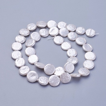 Shell Pearl Beads Strands, Flat Round, Snow, 10~13.5x2.5~3mm, Hole: 0.5mm, about 29~32pcs/strand, 15.55 inch~15.94 inch(39.5~40.5cm)